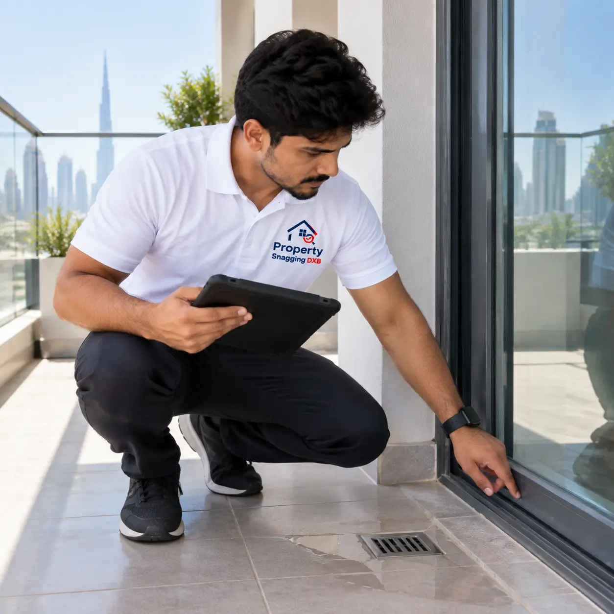 Balcony drainage inspection in a Dubai apartment