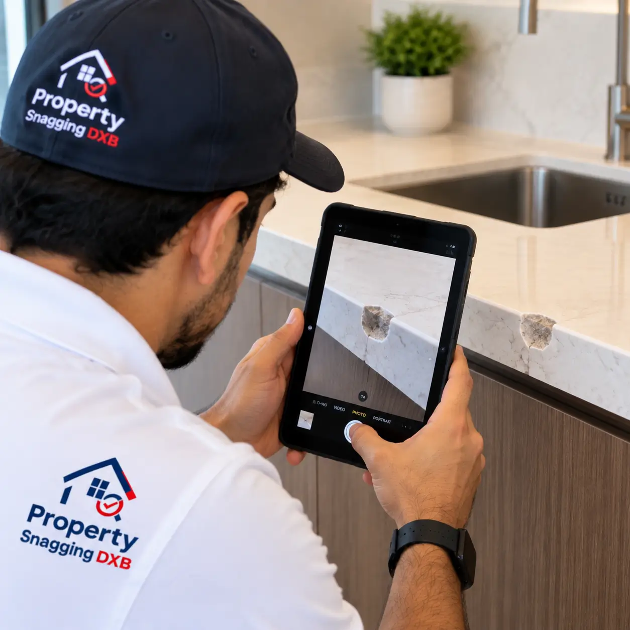 Countertop chip inspection in a Dubai rental property