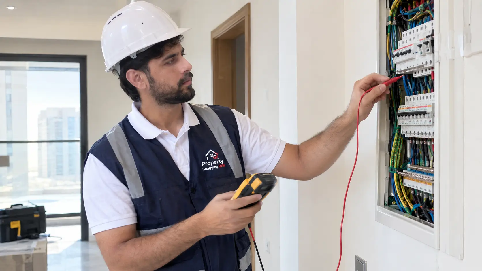 Dubai property snagging inspector testing electrical panel