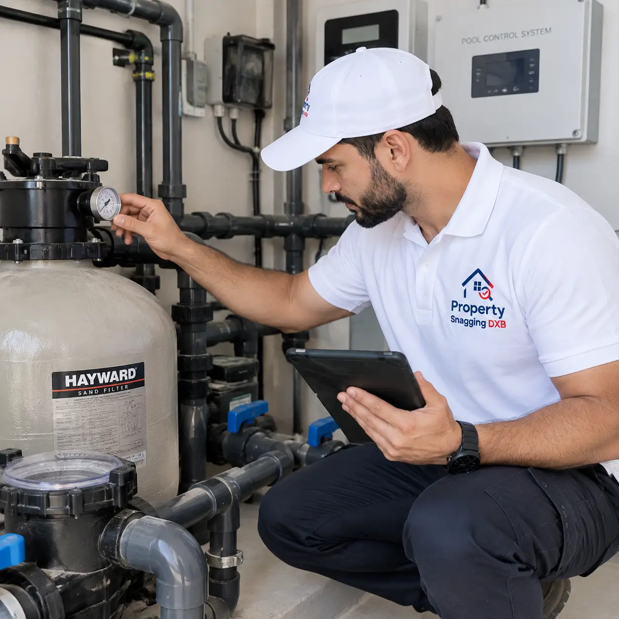 Pool equipment inspection in a Dubai villa
