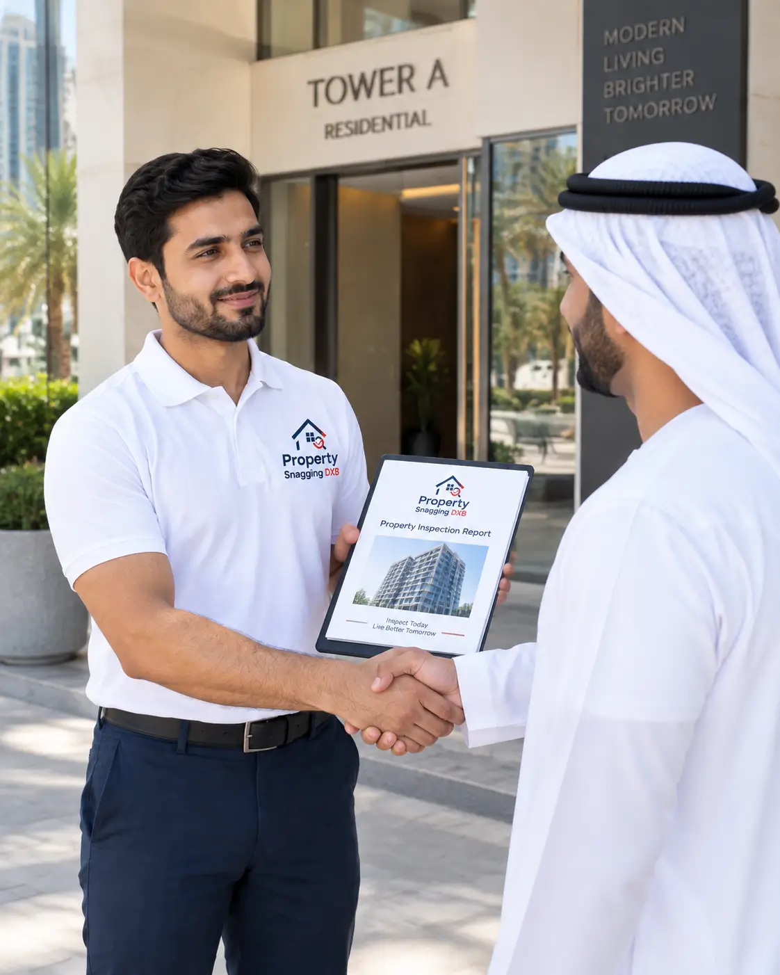 Inspector handing over a property inspection report