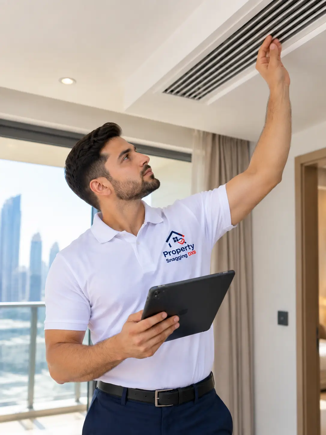 Property inspector checking apartment AC vent during snagging inspection