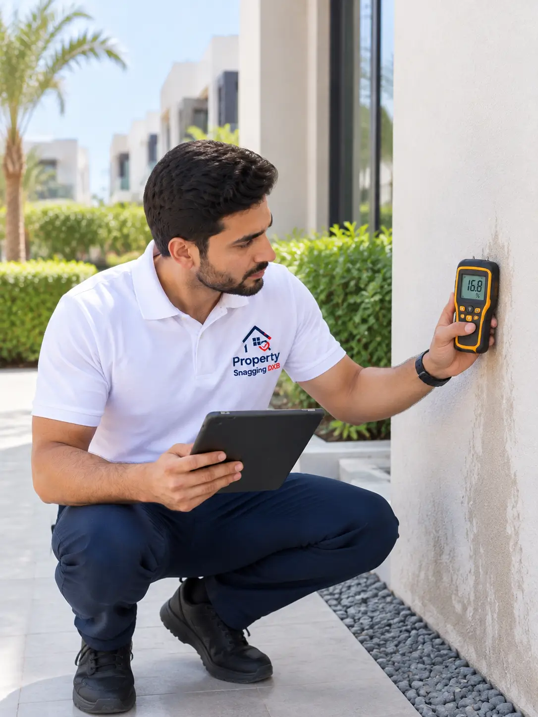 Property inspector using a moisture meter on an external wall