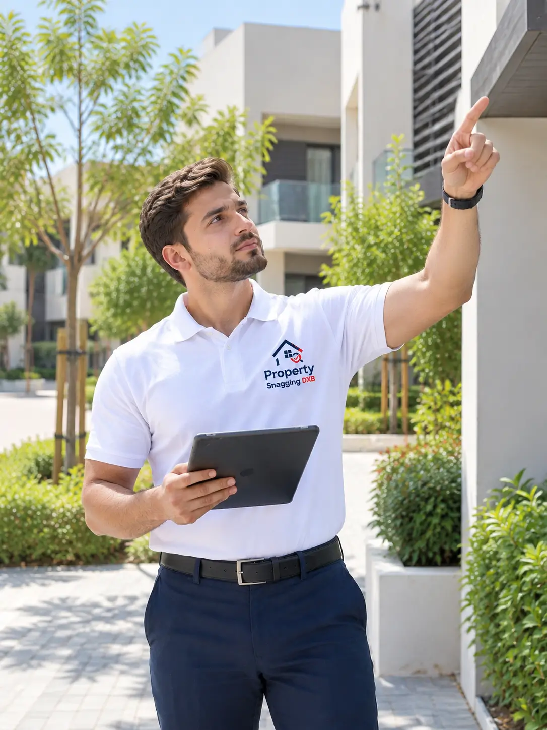 Property inspector in a Sharjah new-build community with landscaping