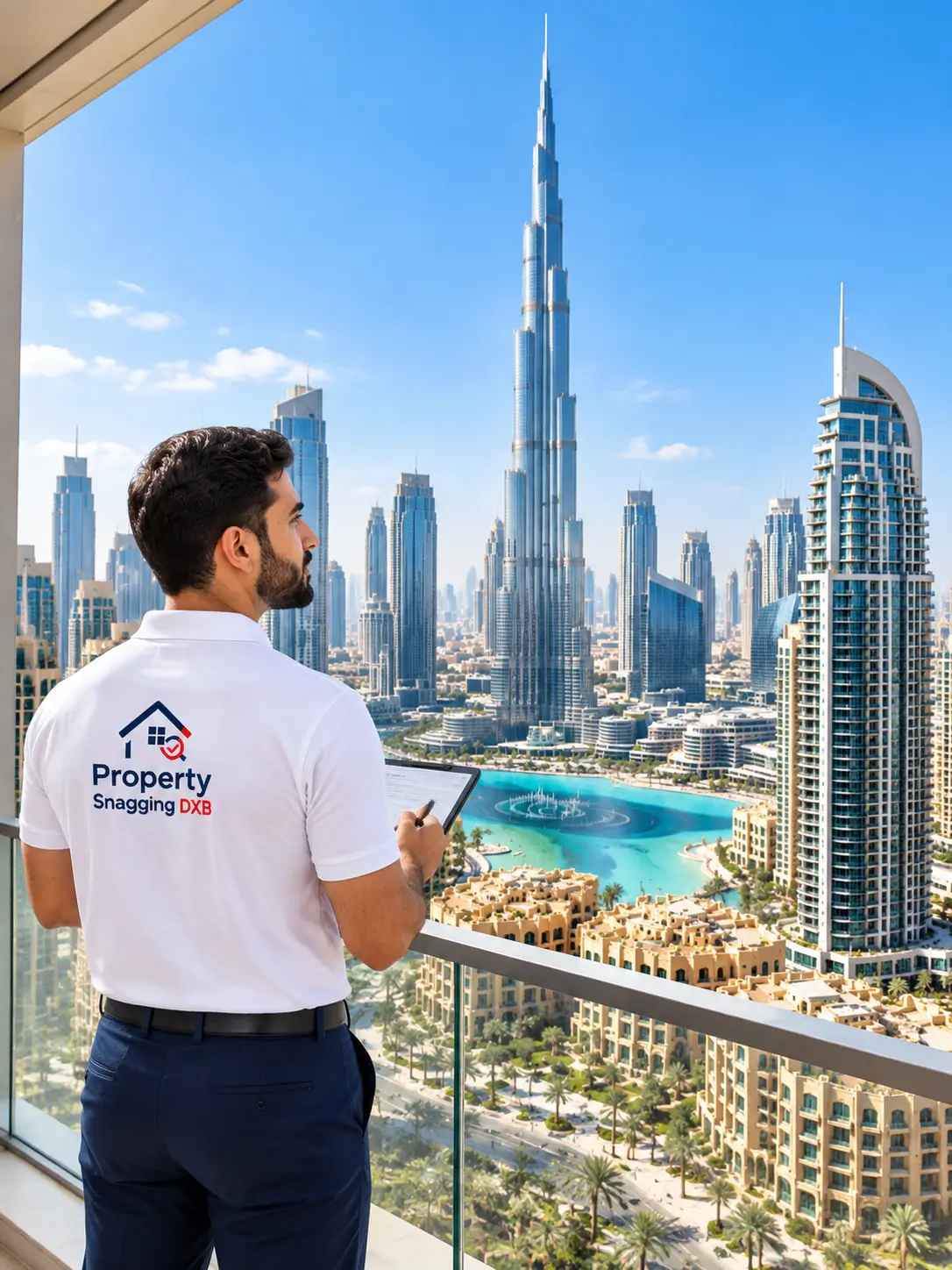 Property snagging inspector with Downtown Dubai skyline