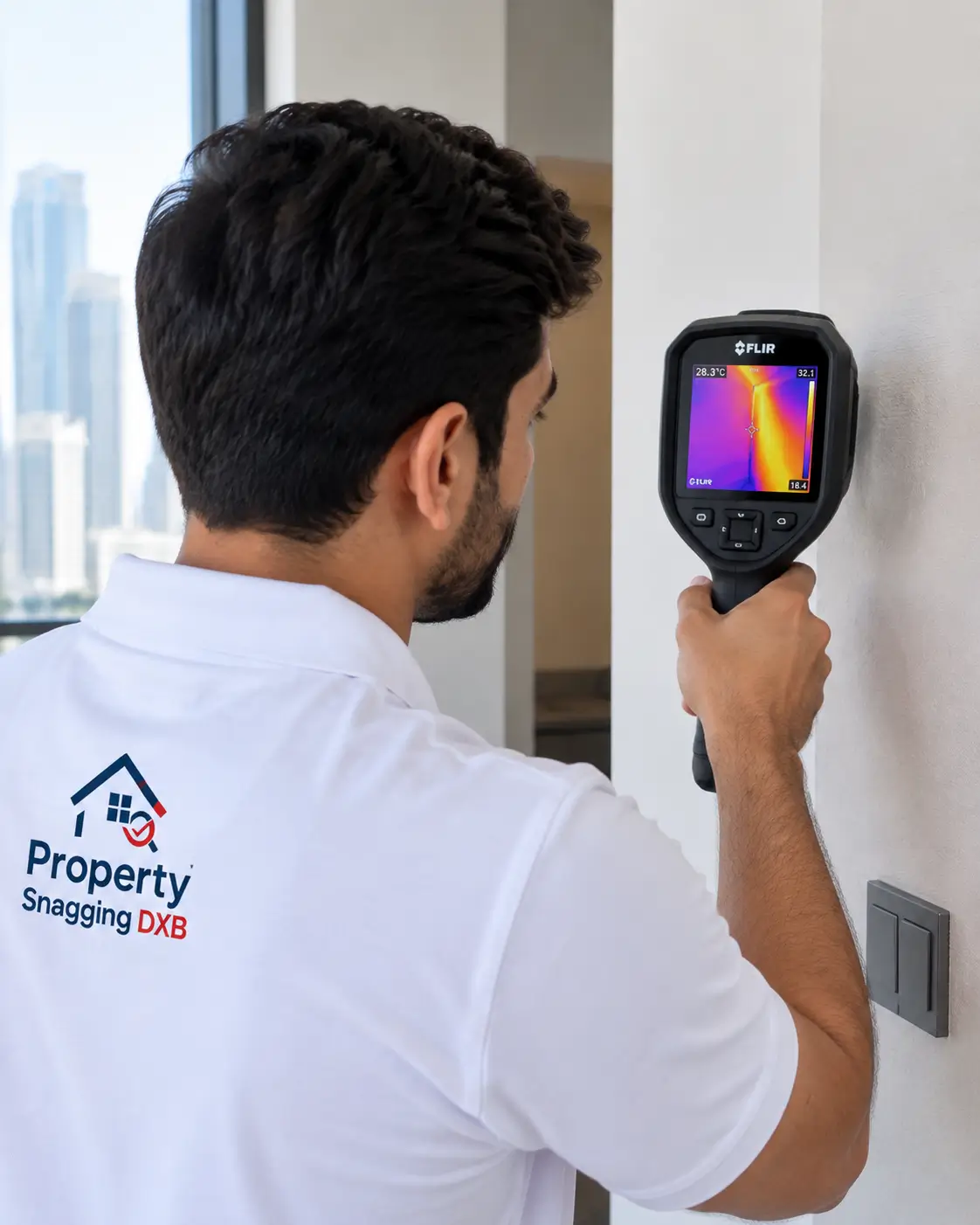 Inspector using a thermal imaging camera during a property inspection