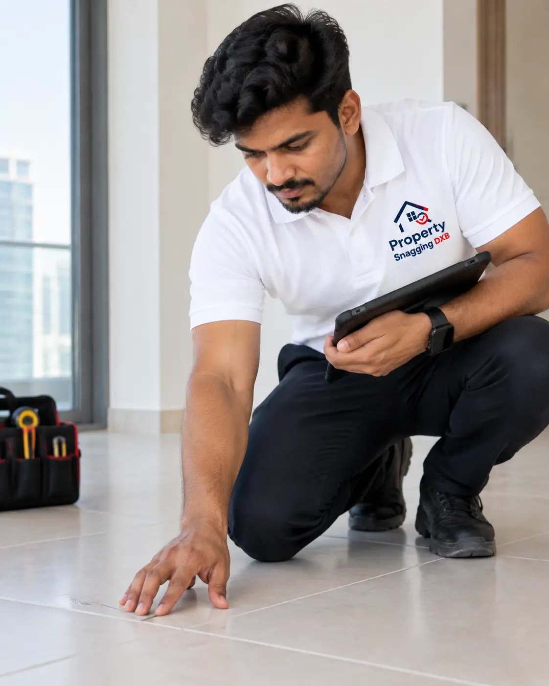 Inspector checking a villa floor tile