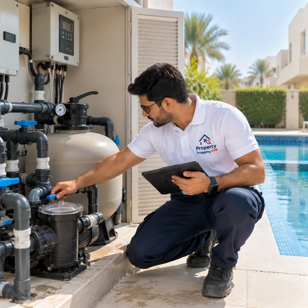 Villa pool pump inspection in Abu Dhabi