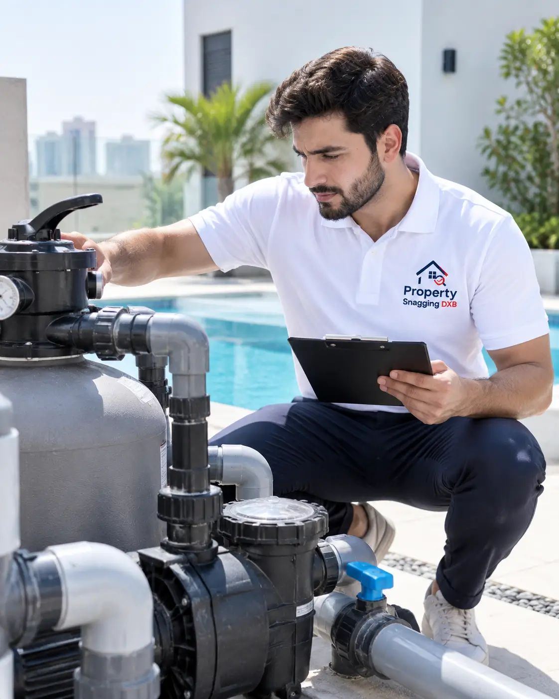 Villa snagging pool equipment inspection in Dubai