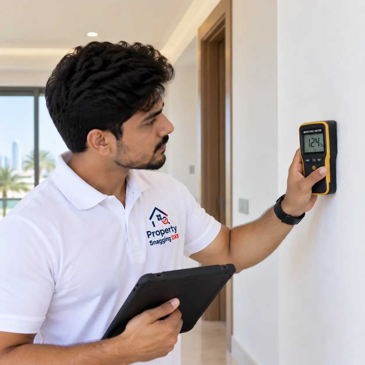 Wall moisture inspection in a Dubai apartment