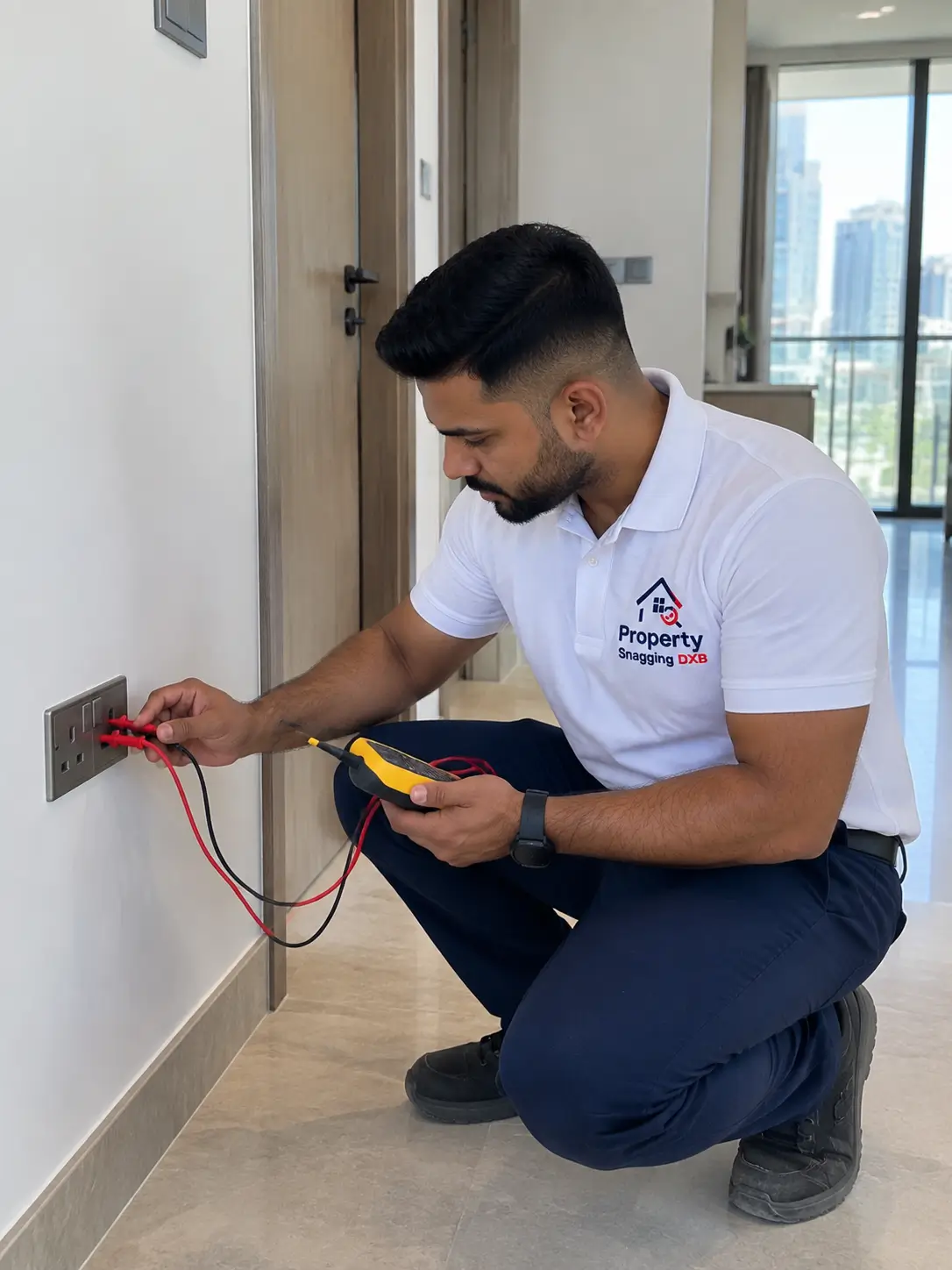 Electrical socket inspection during Dubai property snagging