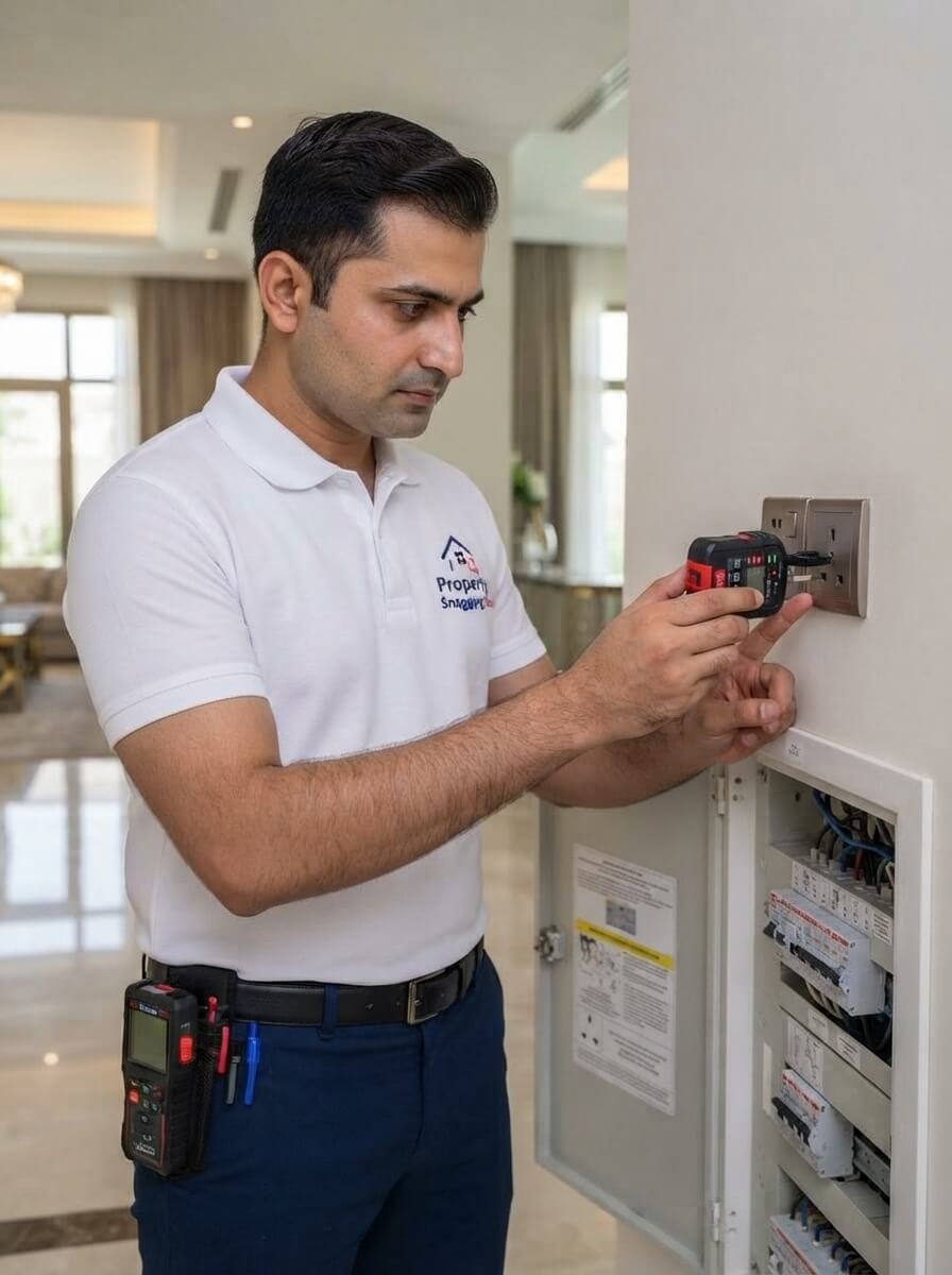 Close-up electrical socket and MEP testing during a property inspection in Dubai