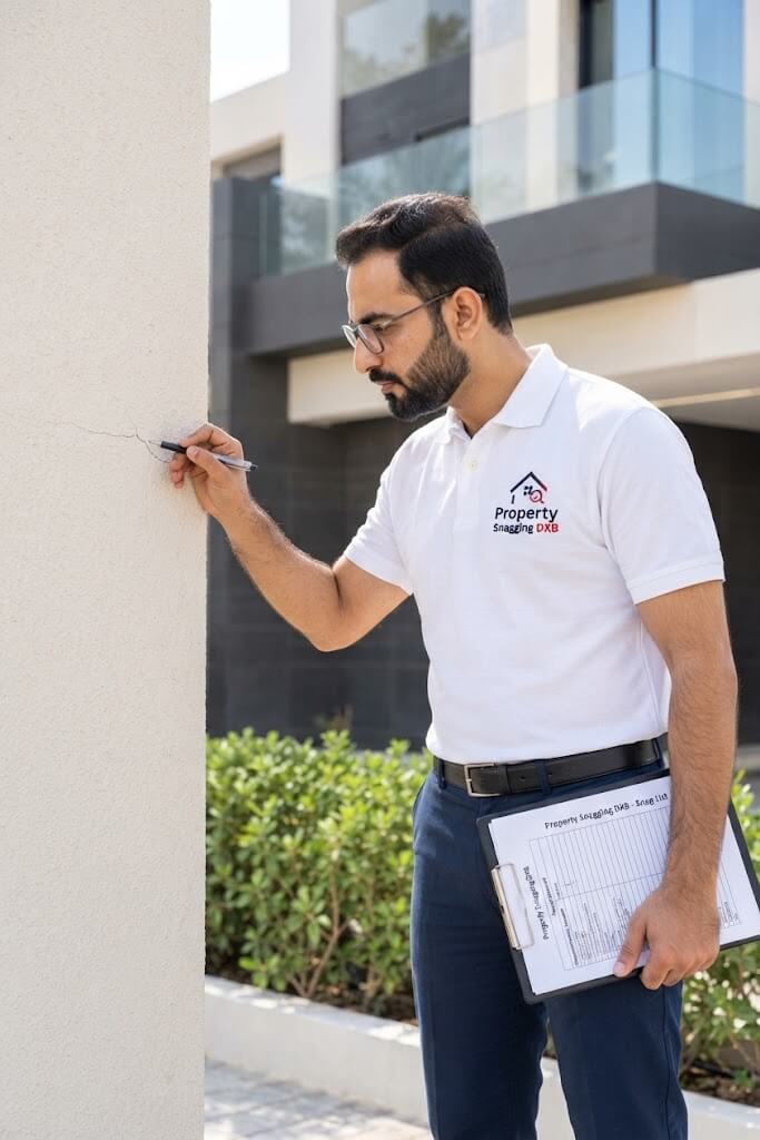 Property inspector checking wall crack