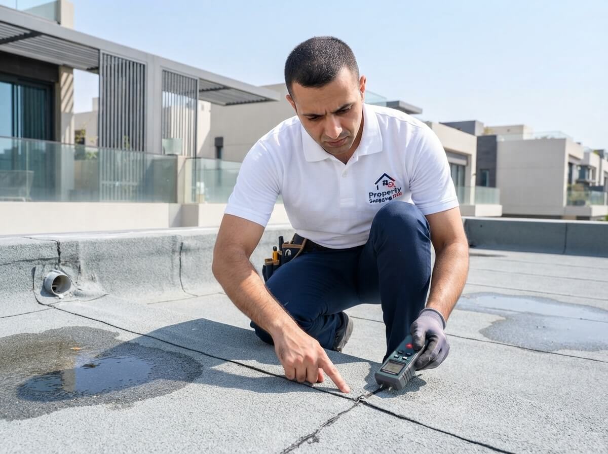 Inspector checking roof waterproofing during a property snagging inspection in Dubai