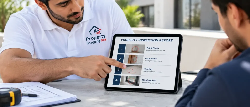 Snagging report page with numbered defect photos and locations on a tablet