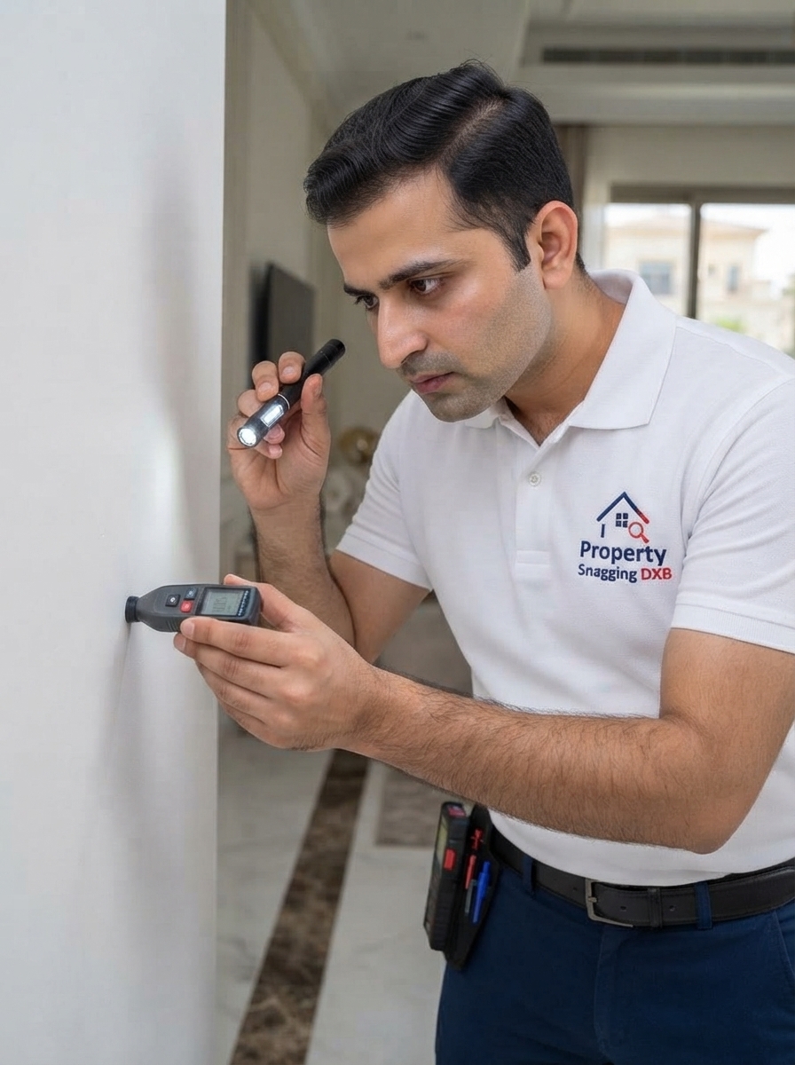 Inspector checking wall paint and finishing quality in a Dubai property